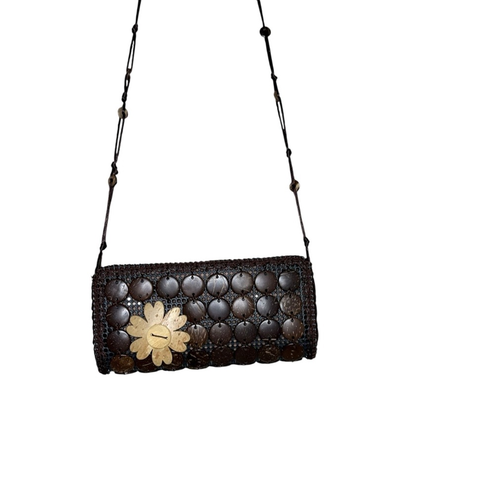 Vintage Coconut Shell Crossbody Bag Boho Island Handmade Purse - Picture 8 of 9